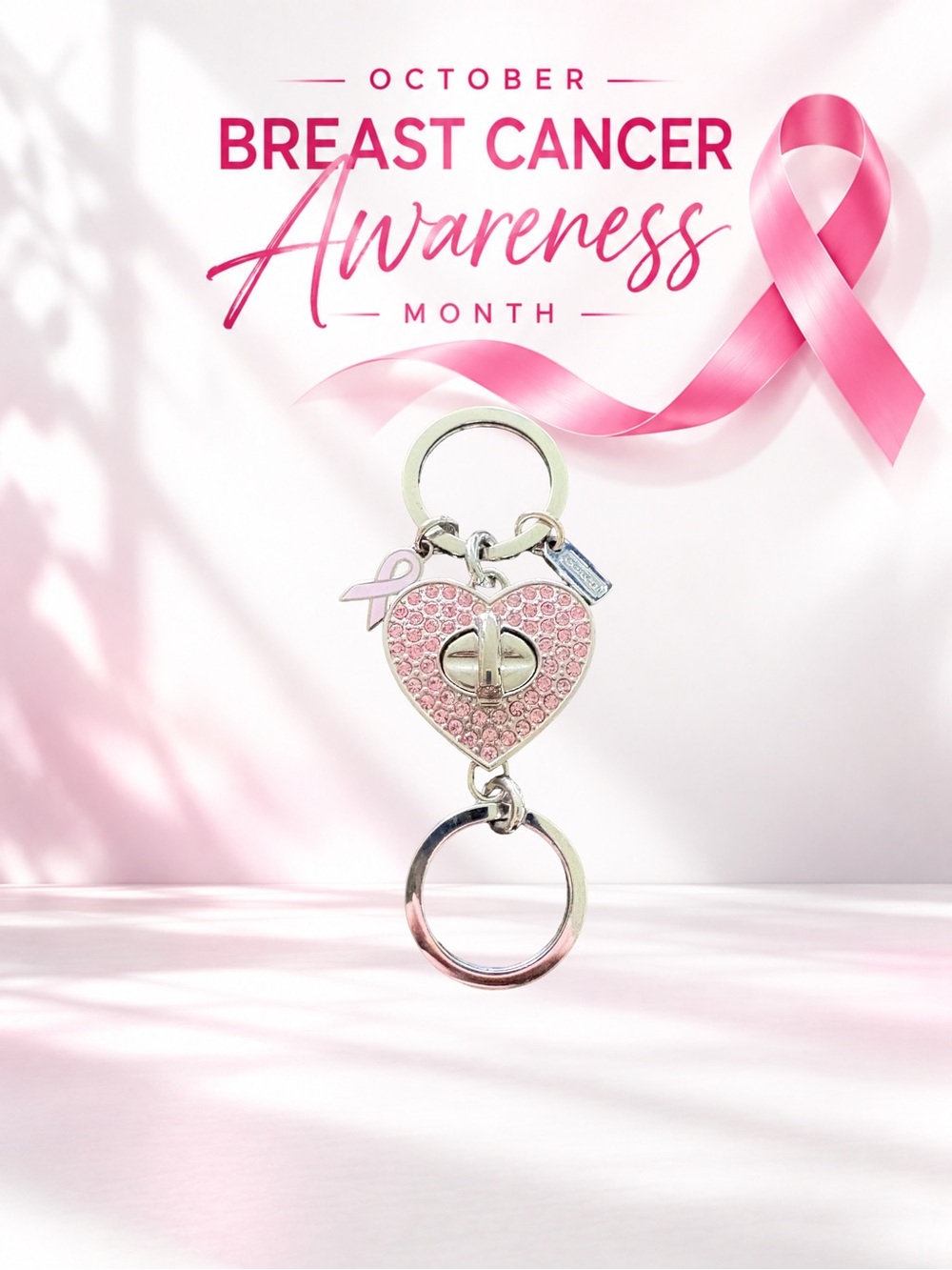 𝗢𝗖𝗧 𝗗𝗥𝗢𝗣 Coach Crystal Heart Turnlock Valet Keychain - Breast Cancer Awareness